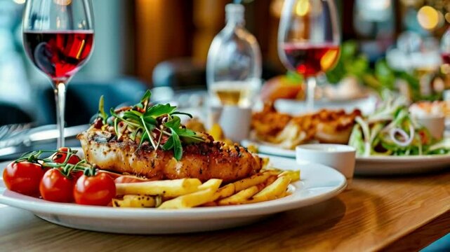 Dish with appetizing food on the table in a restaurant.