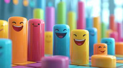 Colorful emotive faces create joyful atmosphere in this vibrant scene, showcasing playful characters in various hues. cheerful expressions evoke happiness and positivity