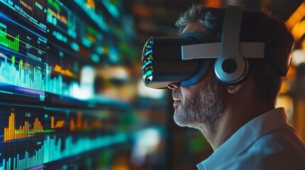 A business analyst using virtual reality to explore stock market trends and data