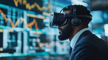 A business analyst using virtual reality to explore stock market trends and data