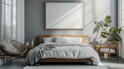 Serene bedroom with a blank canvas above the bed