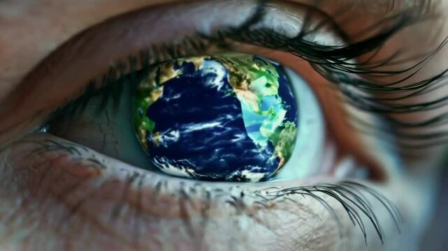 Human eye close up. Planet Earth instead of a pupil.