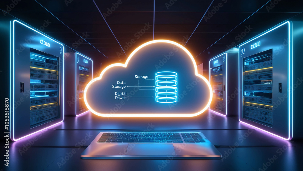 Poster futuristic cloud computing interface with glowing neon lights, showcasing data storage, processing p