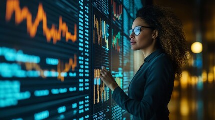 A business analyst using virtual reality to explore stock market trends and data