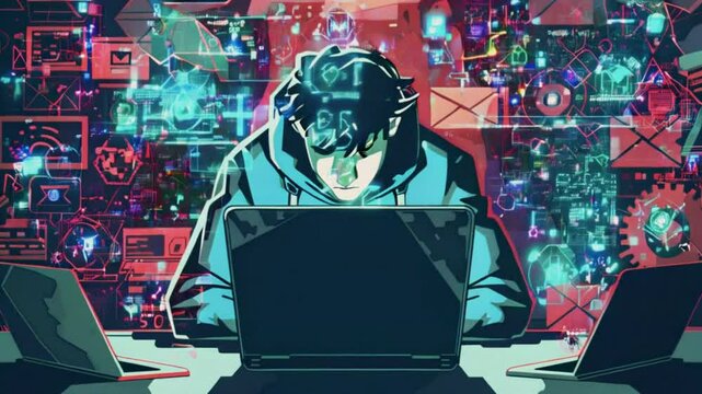 Hacker with an invisible face working on a laptop.