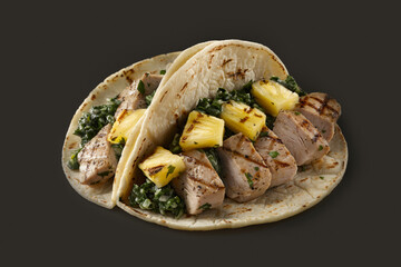 Fototapeta na wymiar Tacos with sliced pork and often topped with pineapple on dark grey background