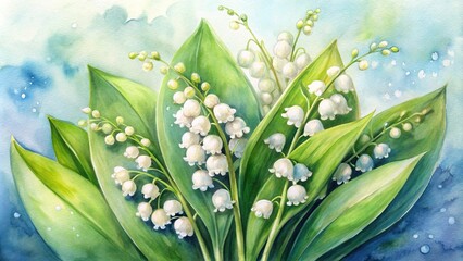 Obraz premium Wide-angle watercolor painting of Lily of the Valley flowers