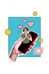 Vertical photo collage of hand hold phone girl blogger peek screen beg like feedback heart notification isolated on painted background