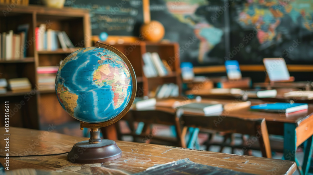Poster a classroom scene featuring a globe resting on a desk surrounded by bookshelves and educational mate