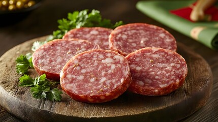 Traditional Lisiecka Sausage Slices on Wooden Board with Parsley (Polish Cuisine)