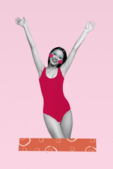 Vertical photo collage of happy girl clown makeup wear swimsuit summer sea playful mood relax...