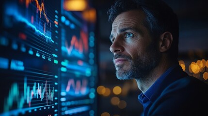 A business analyst using virtual reality to explore stock market trends and data