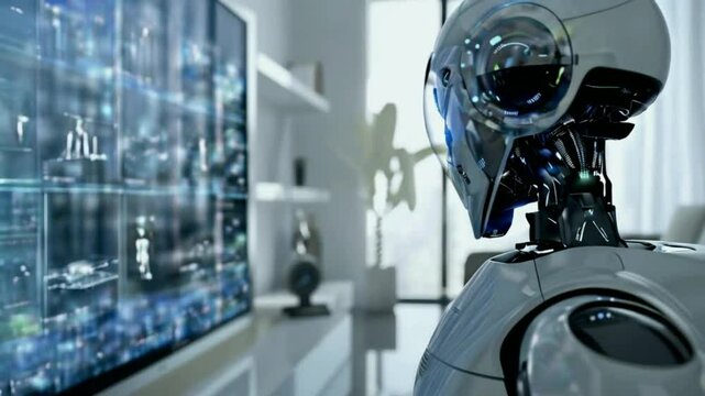 Robot uses computer to work.