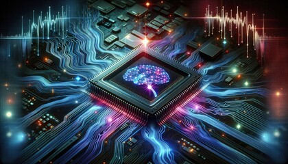 Fototapeta premium Digital Chip with Integrated Neural Network Elements - Futuristic Deep Learning and Data Processing Concept with Neon and Dark Tone, No People, AI Tech Illustration