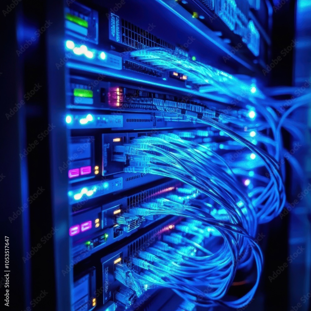 Aufkleber a close-up of glowing server cables in an illuminated data center.