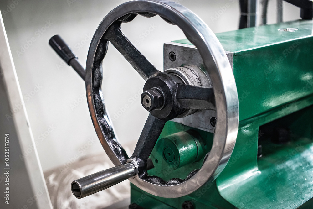 Poster a lathe machine wheel used in a manufacturing factory during metalworking operations, showcasing pre