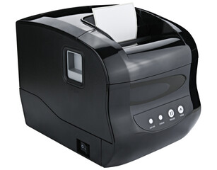 Bar code thermal transfer label printer isolated on a transparent background. Completely in focus.