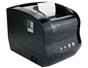 Bar code thermal transfer label printer isolated on a transparent background. Completely in focus.