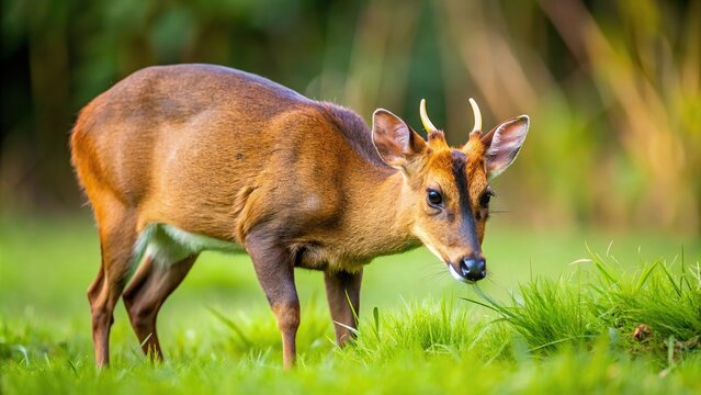 Wild buck Muntjac Deer feeding on field edge in UK Macro