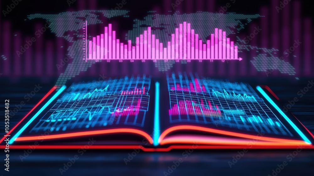 Poster a digital book displays vibrant data visualizations, combining technology and knowledge with colorfu