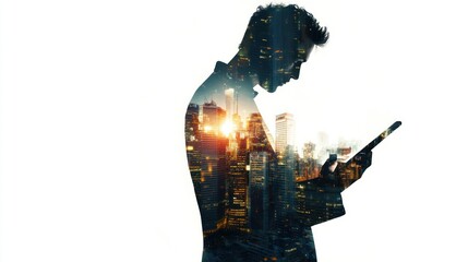 An artistic double exposure of a businesswoman engaged with her tablet, layered over a futuristic urban landscape characterized by digital interfaces and network connections.
