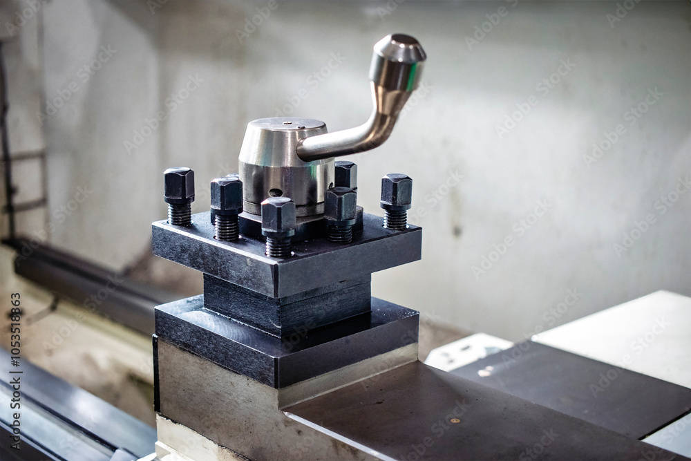 Poster lathe machine setup in a manufacturing facility showcasing precision engineering and machining proce