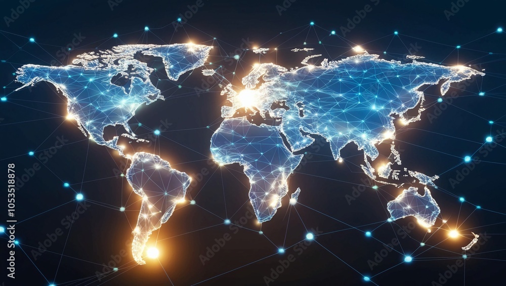 Poster the digital mesh of glowing nodes and lines, representing global connectivity and data networks
