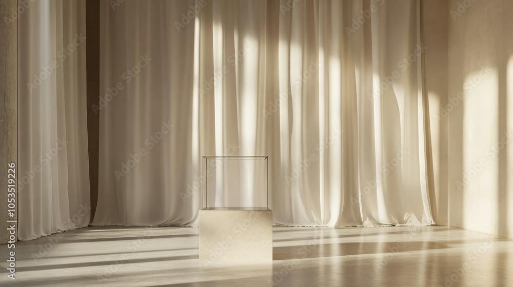 Poster sunlit minimalist pedestal display case with curtain backdrop creating an elegant setting, ideal for