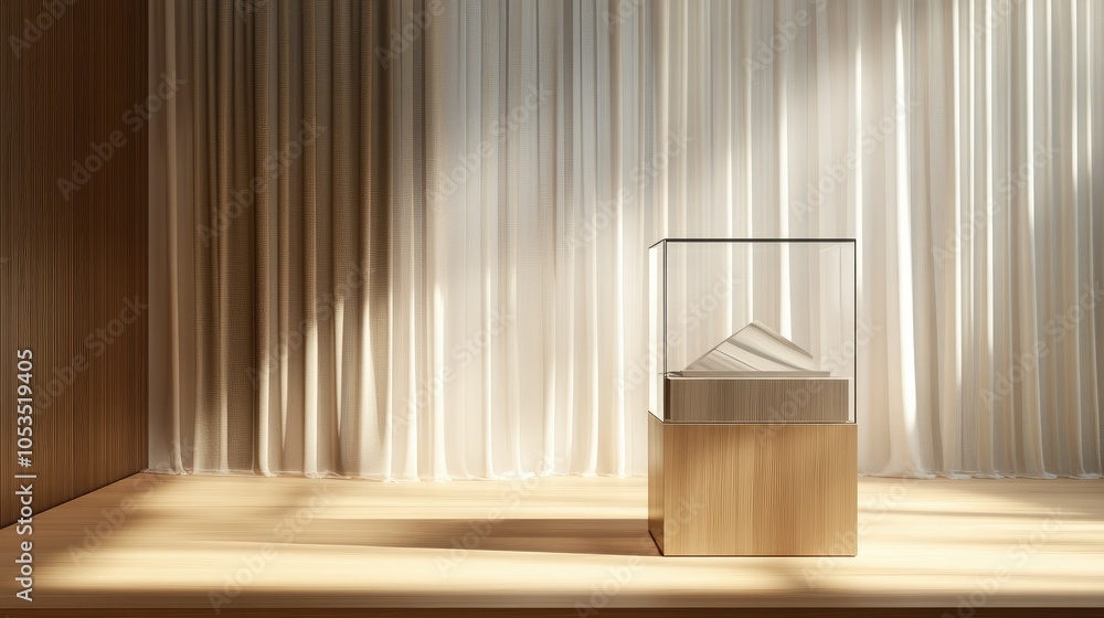 Aufkleber sunlit minimalist pedestal display case with curtain backdrop creating an elegant setting, ideal for