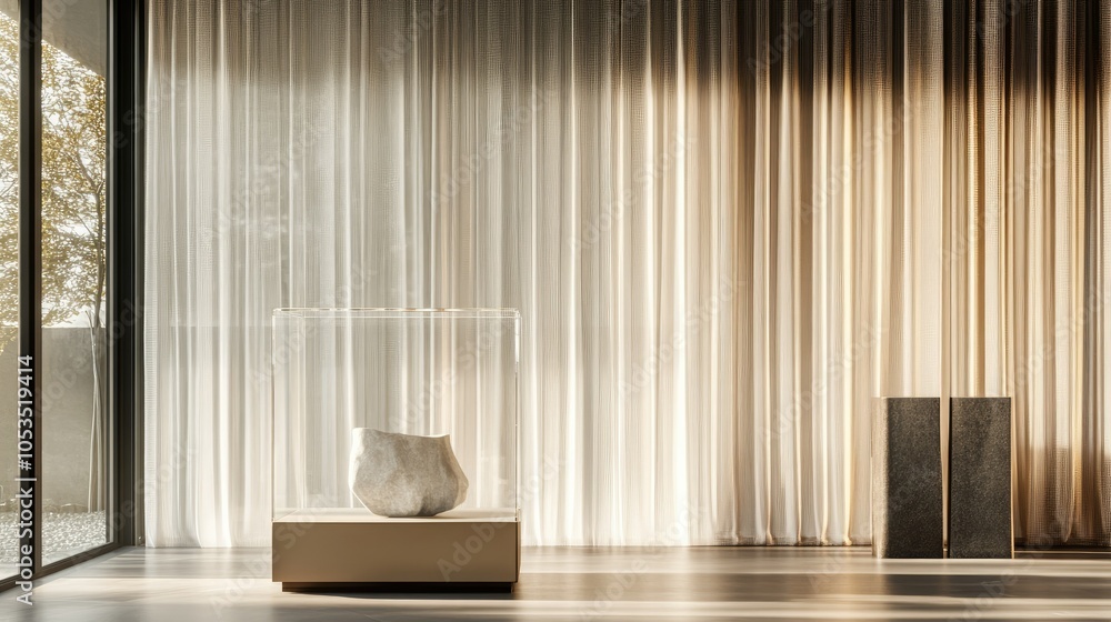 Aufkleber sunlit minimalist pedestal display case with curtain backdrop creating an elegant setting, ideal for