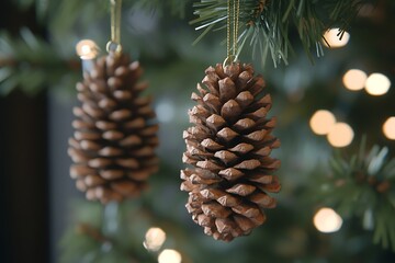 Two natural pine cone ornaments hanging on a christmas tree with warm string lights in the background
