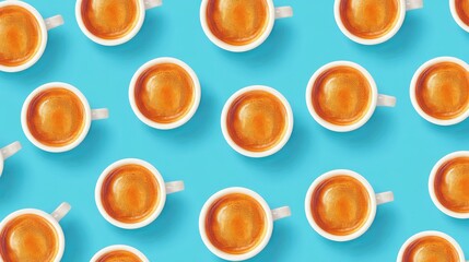 Top-down view of Americano coffee cups arranged in a seamless pattern on a vibrant blue background. Perfect for coffee-themed designs.