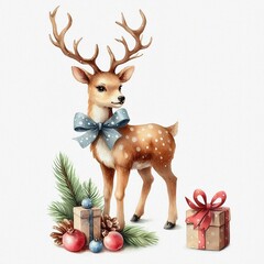 Christmas illustration of a cute little deer. Seasonal winter design.
