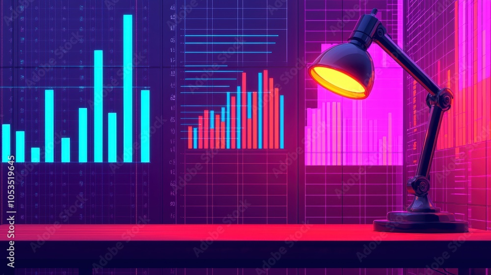Poster a modern workspace featuring a stylish desk lamp and colorful data visualizations