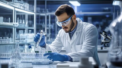 Scientist man working in laboratory. 