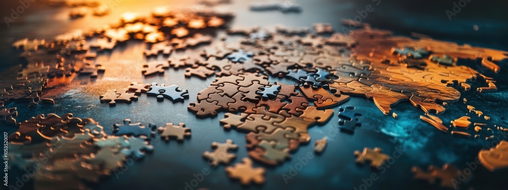 Poster Puzzle Map of Unity, a creative representation of the world formed by interlocking pieces, highlighting global connections and harmony.