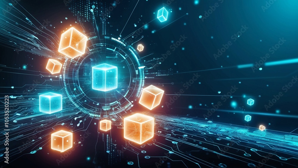 Poster abstract digital background with floating data particles and glowing cubes, symbolizing high-tech co