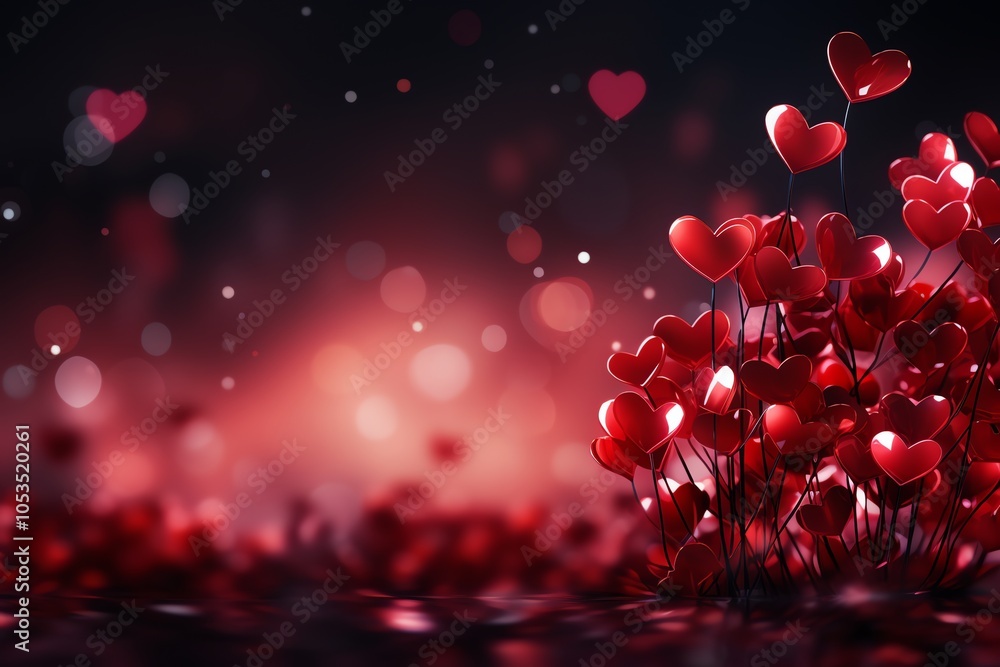 Poster a cluster of red heart-shaped balloons floating in the air with a dark red background and bokeh ligh