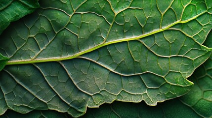 Naklejka premium Close-up of a leaf's surface, emphasizing the detailed vein patterns and green cell textures with high precision