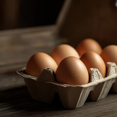 Fresh brown eggs in a carton on rustic wooden table, highlighting their natural beauty.