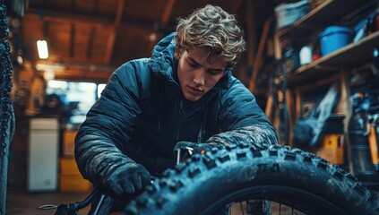 Man repairing bicycle tire in workshop. Concept of repair, maintenance, and DIY skills.