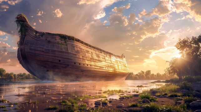Noah's ark comes to rest after the flood subsides