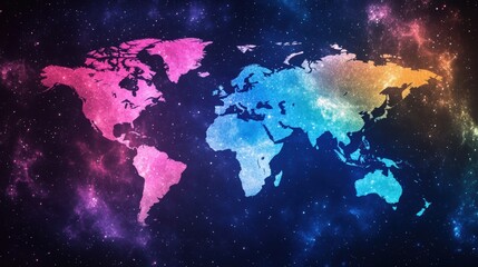 Fototapeta premium Cosmic Cartography, an intricate world map interwoven with a vibrant galaxy backdrop, blending earthly and celestial elements.