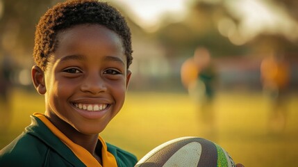 Teenaged South African boy with a rugby ball and a bright grin.