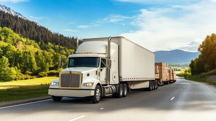 Fototapeta premium Semi-Truck Transporting Cargo on Scenic Highway Logistics and Transportation Industry