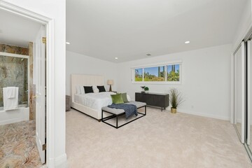 Modern bedroom interior with a cozy bed, wooden floor, and warm lighting