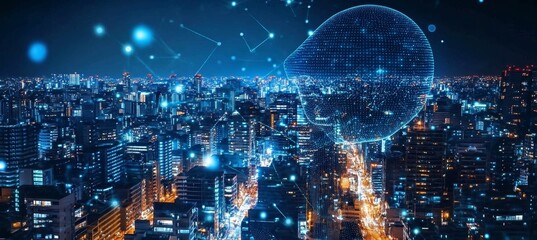 AI Technology and Smart City Digital Brain Over Skyline, Symbolizing Innovation and Progress