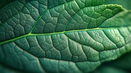 Close-up of a leaf's surface, emphasizing the detailed vein patterns and green cell textures with high precision