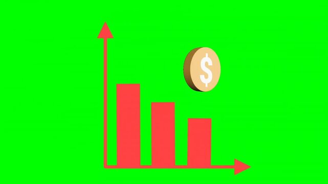 Animated bar chart with rising bars and a dollar sign above it, representing growth and financial success. Green screen background