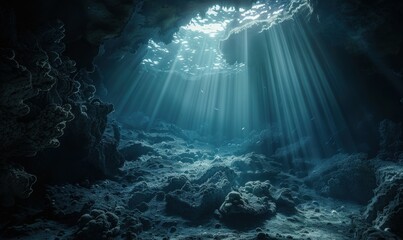 Underwater cave with shafts of sunlight piercing through, 4K hyperrealistic photo
